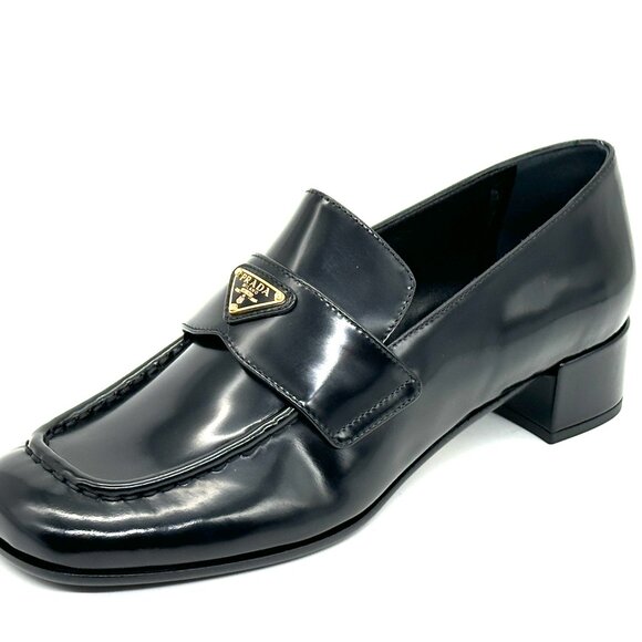 PRADA 35 Triangle Logo Leather Pumps Heels Loafers Shoes Black - Picture 3 of 13